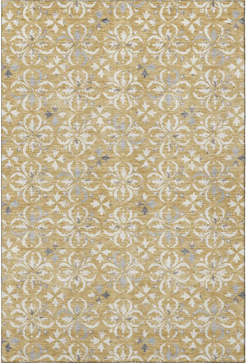 Gold And Gray Floral Washable Area Rug With UV Protection Photo 3