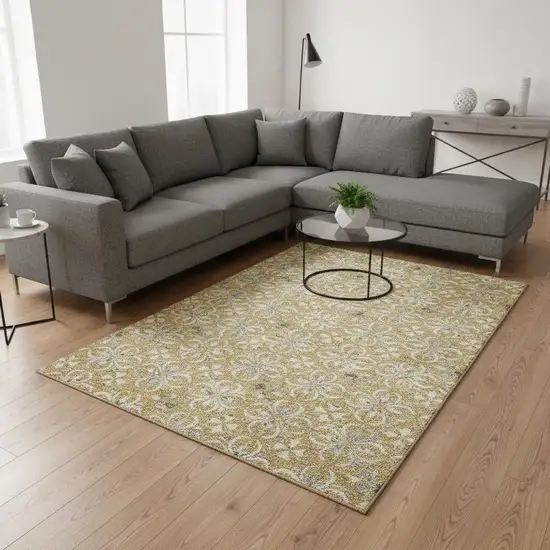 Gold And Gray Floral Washable Area Rug With UV Protection Photo 2