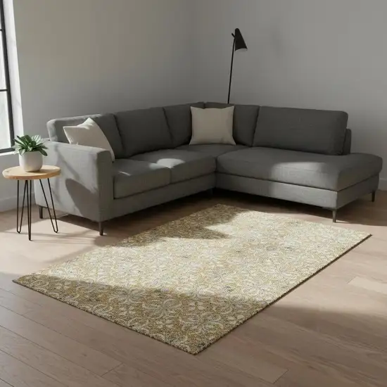 Gold And Gray Floral Washable Area Rug With UV Protection Photo 2