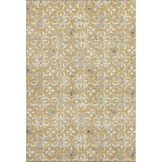 Gold And Gray Floral Washable Area Rug With UV Protection Photo 1