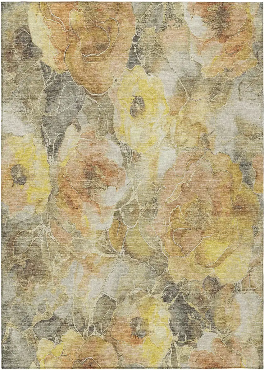 Gold And Gray Floral Washable Indoor Outdoor Area Rug Photo 9