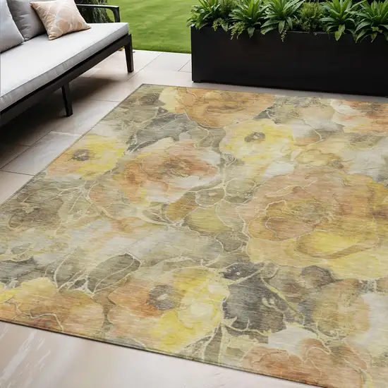 Gold And Gray Floral Washable Indoor Outdoor Area Rug Photo 2
