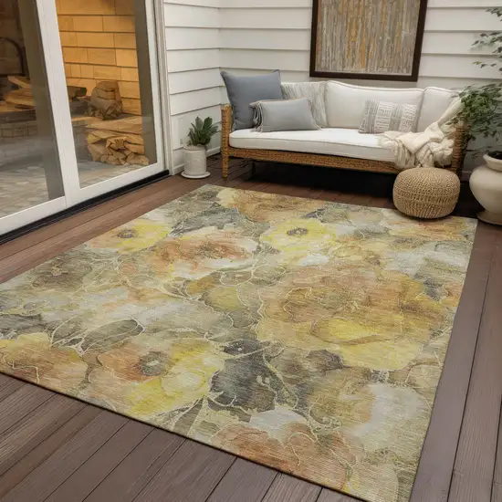 Gold And Gray Floral Washable Indoor Outdoor Area Rug Photo 5