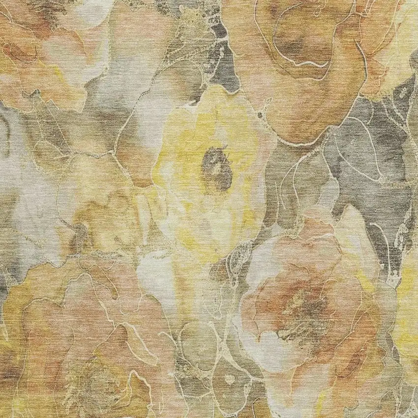 Gold And Gray Floral Washable Indoor Outdoor Area Rug Photo 3