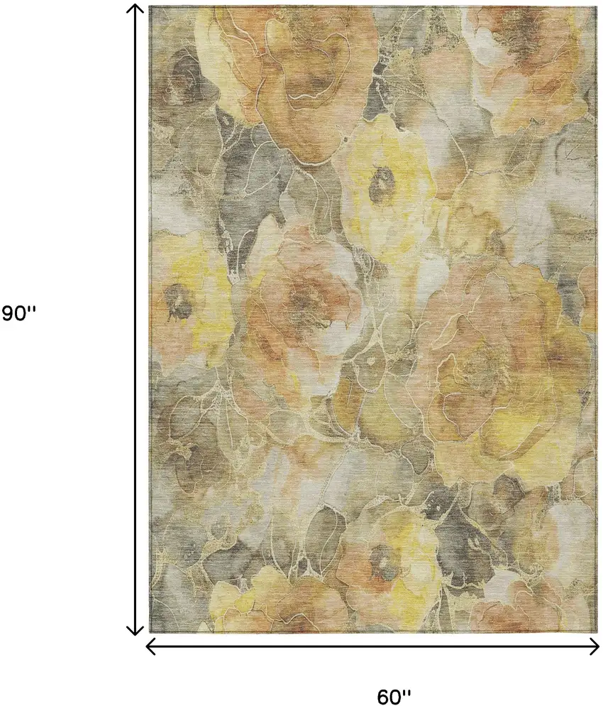 Gold And Gray Floral Washable Indoor Outdoor Area Rug Photo 9