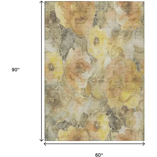 Gold And Gray Floral Washable Indoor Outdoor Area Rug Photo 9