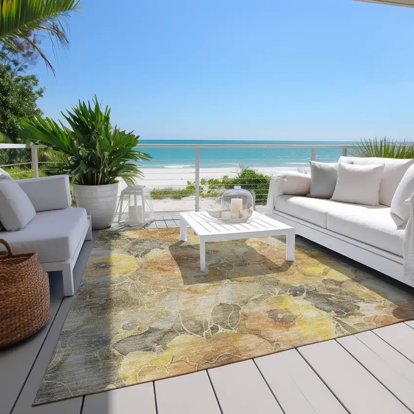 Gold And Gray Floral Washable Indoor Outdoor Area Rug Photo 8