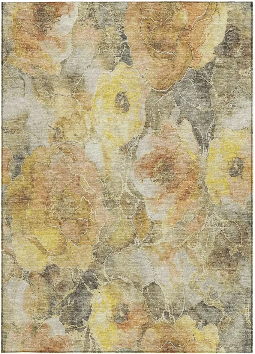 Gold And Gray Floral Washable Indoor Outdoor Area Rug Photo 1