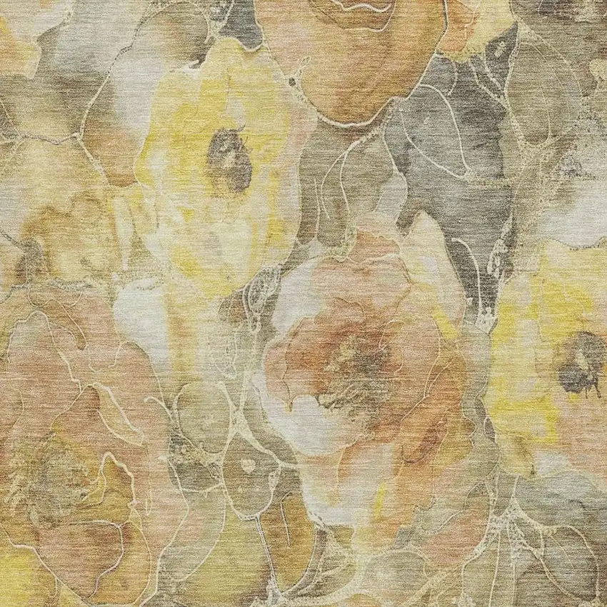 Gold And Gray Floral Washable Indoor Outdoor Area Rug Photo 3