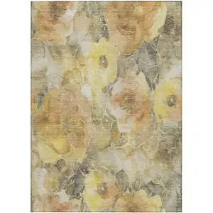 Photo of Gold And Gray Floral Washable Indoor Outdoor Area Rug