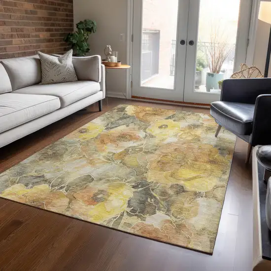Gold And Gray Floral Washable Indoor Outdoor Area Rug Photo 6