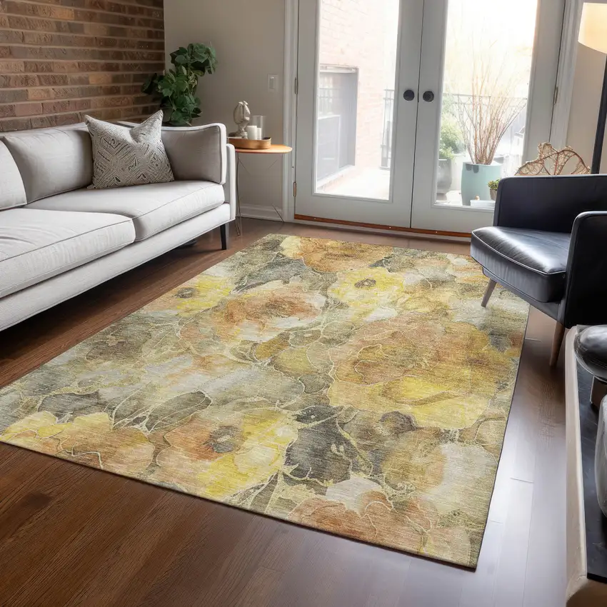 Gold And Gray Floral Washable Indoor Outdoor Area Rug Photo 6