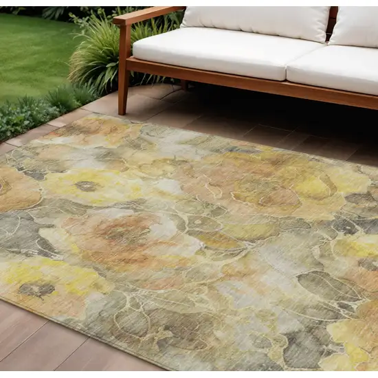 Gold And Gray Floral Washable Indoor Outdoor Area Rug Photo 2
