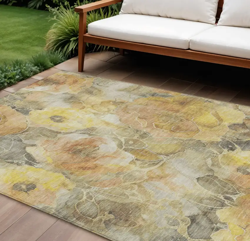 Gold And Gray Floral Washable Indoor Outdoor Area Rug Photo 2