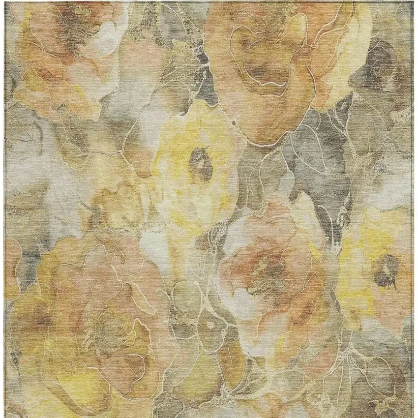 Gold And Gray Floral Washable Indoor Outdoor Area Rug Photo 3