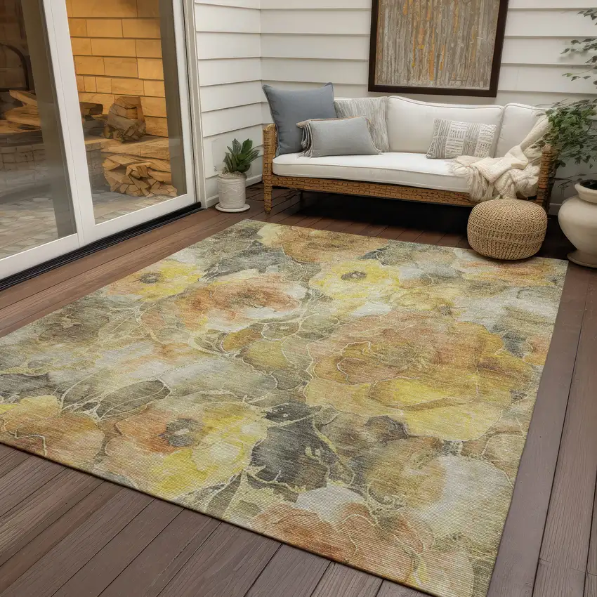 Gold And Gray Floral Washable Indoor Outdoor Area Rug Photo 5