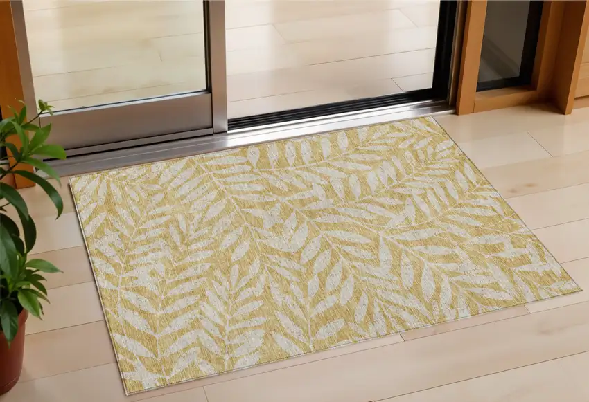 Gold And Gray Floral Washable Indoor Outdoor Area Rug Photo 1