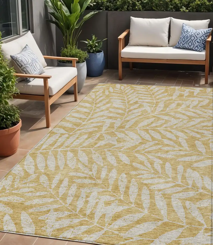 Gold And Gray Floral Washable Indoor Outdoor Area Rug Photo 1