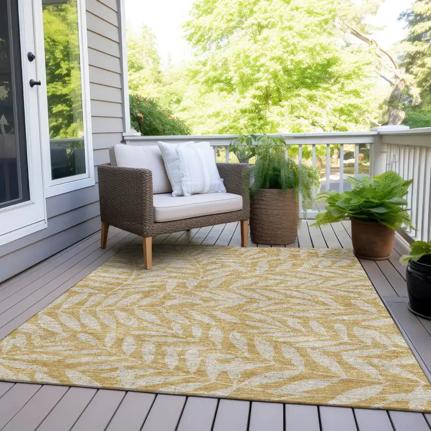 Gold And Gray Floral Washable Indoor Outdoor Area Rug Photo 7