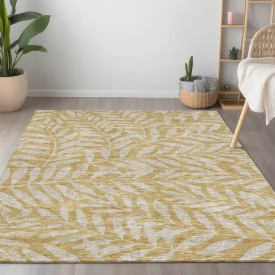 Gold And Gray Floral Washable Indoor Outdoor Area Rug Photo 8