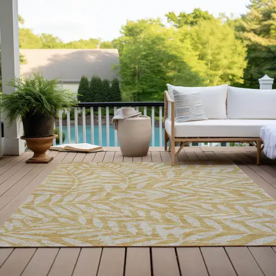 Gold And Gray Floral Washable Indoor Outdoor Area Rug Photo 9