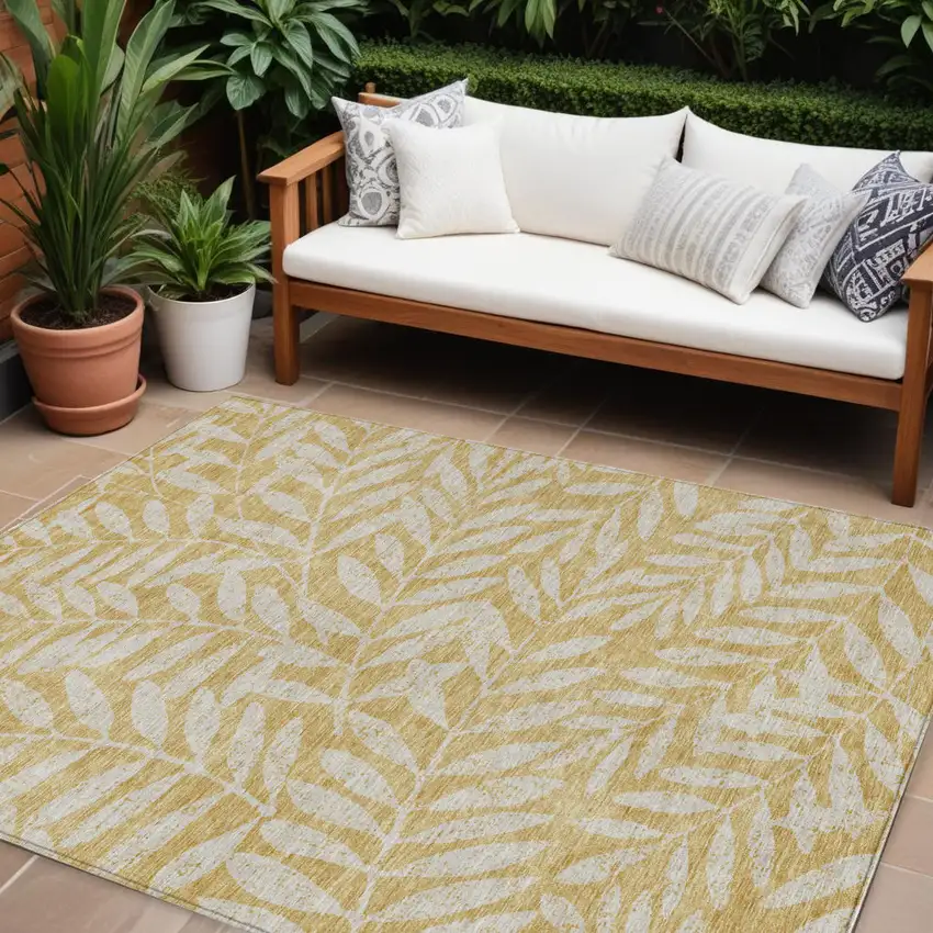 Gold And Gray Floral Washable Indoor Outdoor Area Rug Photo 1