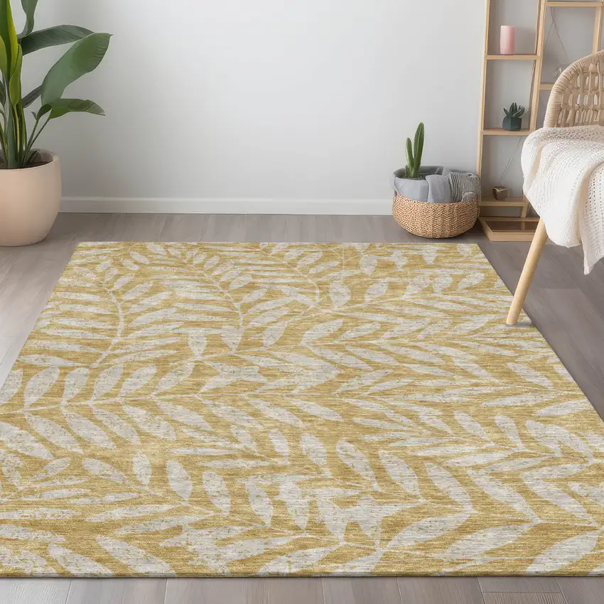Gold And Gray Floral Washable Indoor Outdoor Area Rug Photo 9