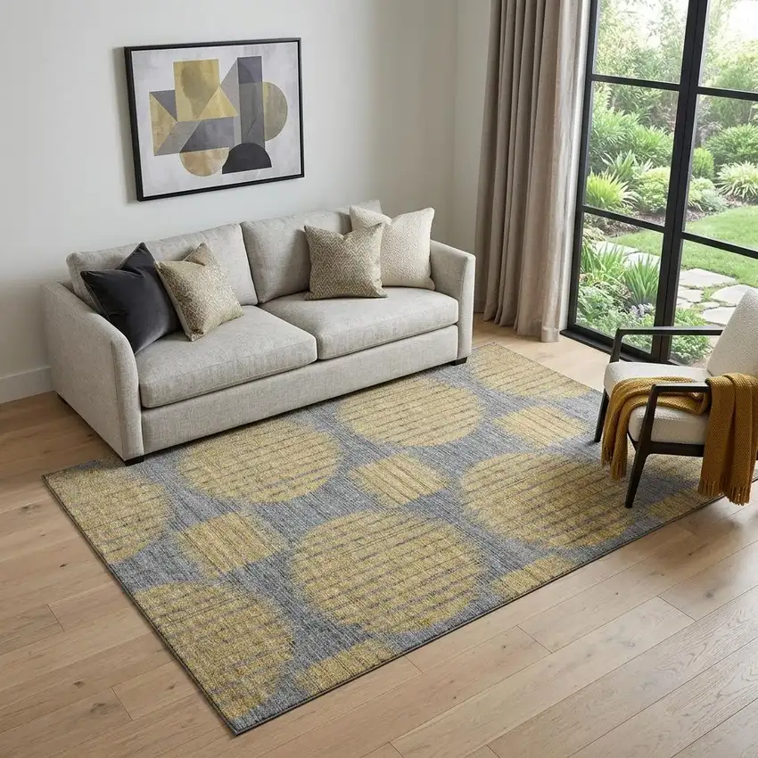 Gold And Gray Geometric Distressed Washable Area Rug With UV Protection Photo 1