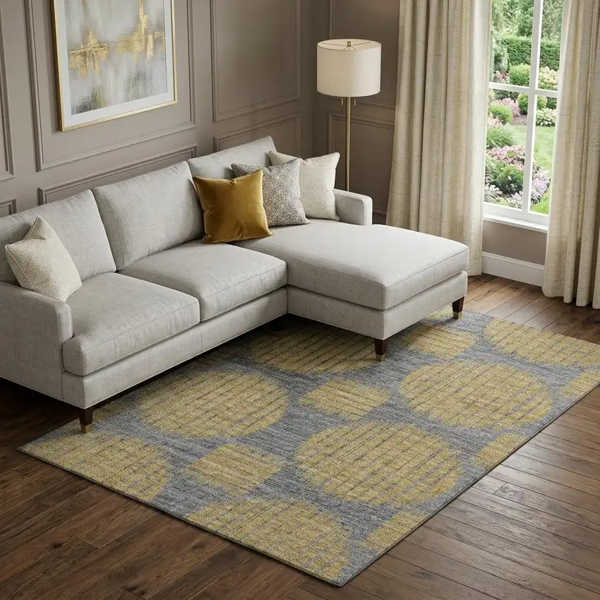 Gold And Gray Geometric Distressed Washable Area Rug With UV Protection Photo 1