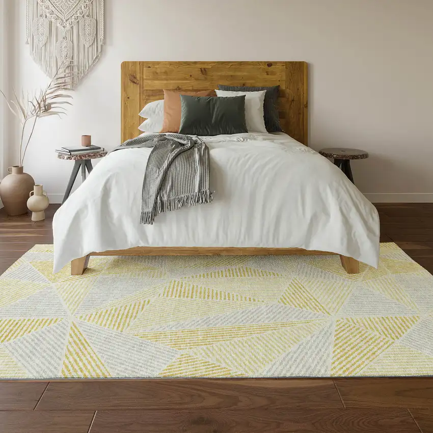 Gold And Gray Geometric Washable Area Rug With UV Protection Photo 6
