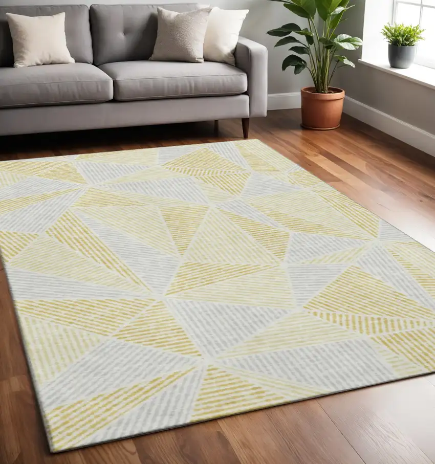Gold And Gray Geometric Washable Area Rug With UV Protection Photo 2