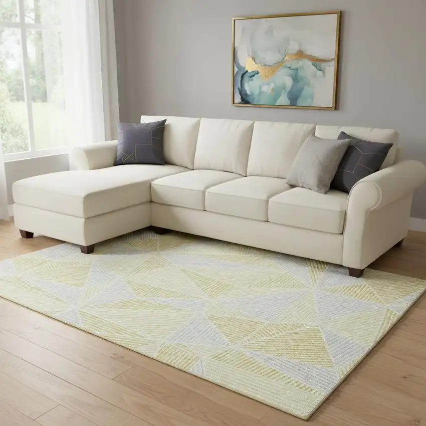 Gold And Gray Geometric Washable Area Rug With UV Protection Photo 1