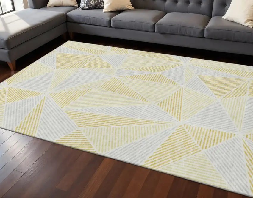 Gold And Gray Geometric Washable Area Rug With UV Protection Photo 2