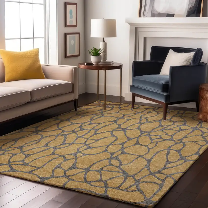 Gold And Gray Geometric Washable Area Rug With UV Protection Photo 4