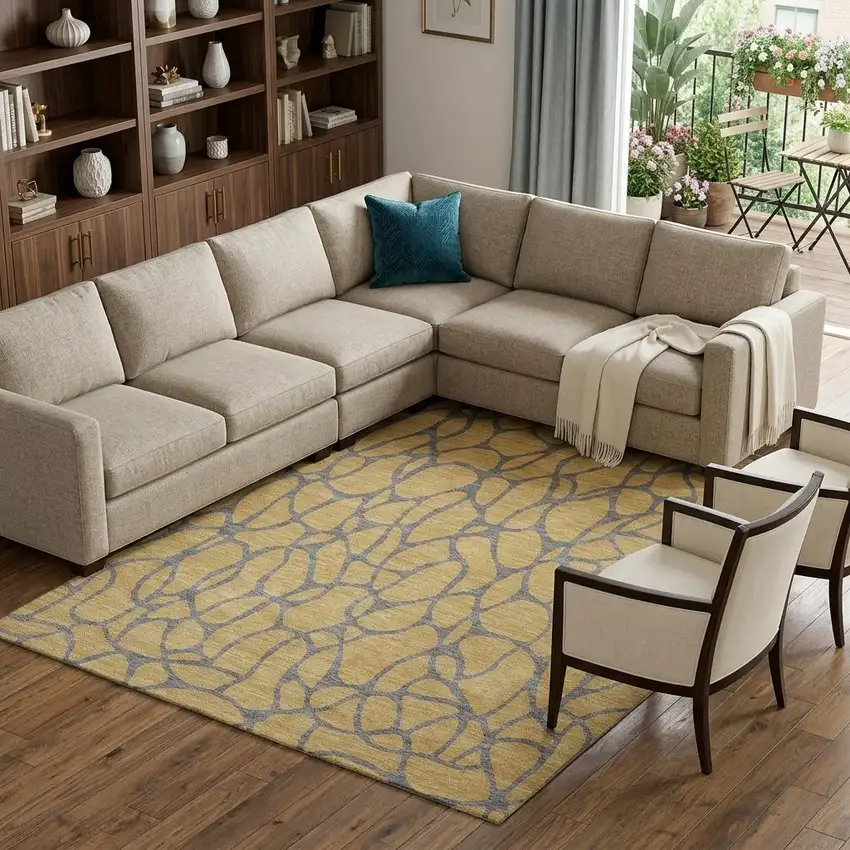 Gold And Gray Geometric Washable Area Rug With UV Protection Photo 1