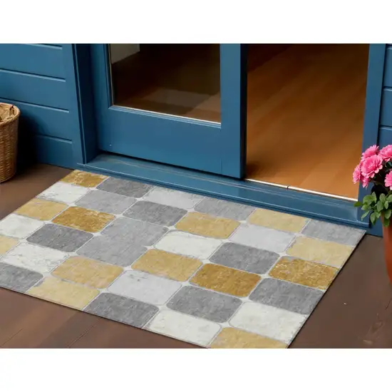 Gold And Gray Geometric Washable Indoor Outdoor Area Rug Photo 2