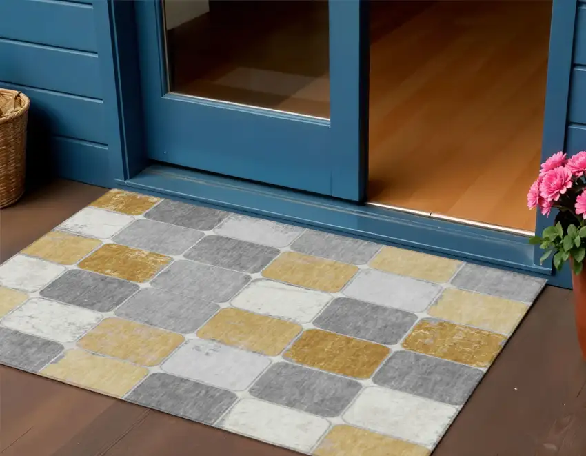 Gold And Gray Geometric Washable Indoor Outdoor Area Rug Photo 2