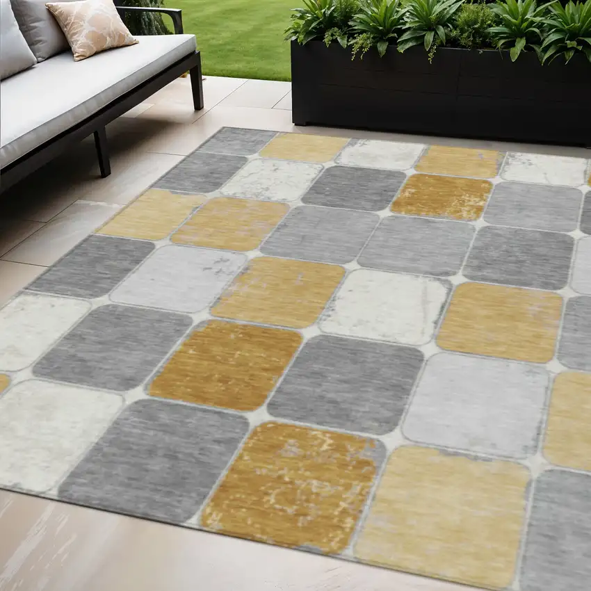 Gold And Gray Geometric Washable Indoor Outdoor Area Rug Photo 2