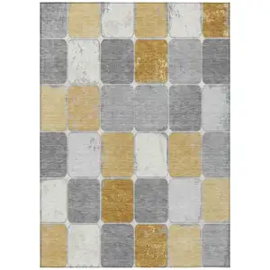 Photo of Gold And Gray Geometric Washable Indoor Outdoor Area Rug