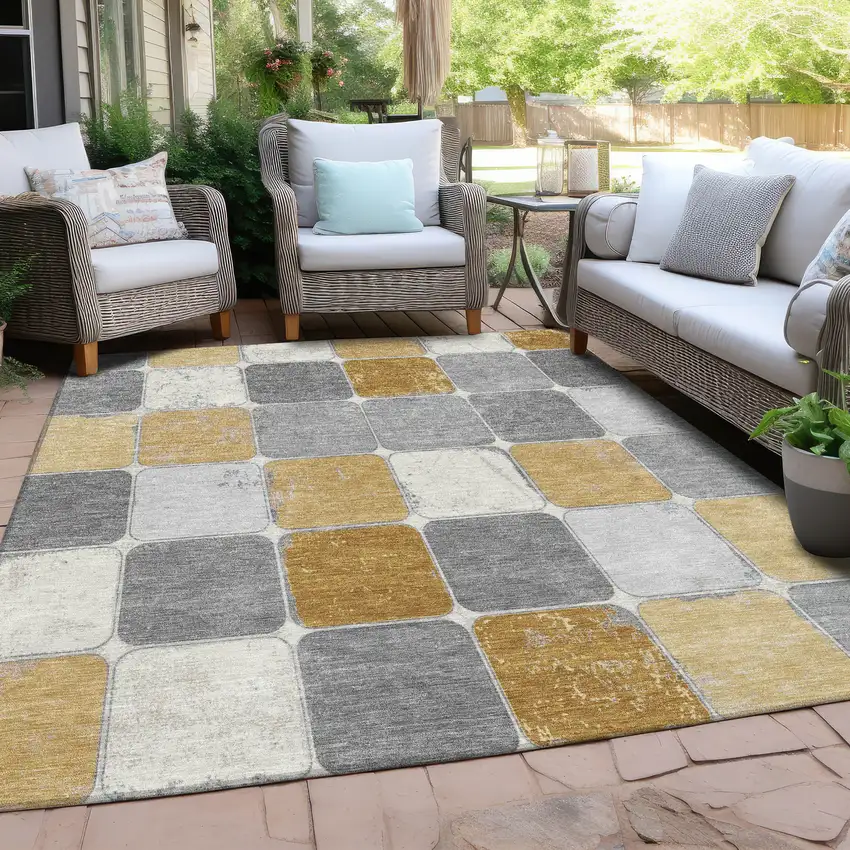 Gold And Gray Geometric Washable Indoor Outdoor Area Rug Photo 6