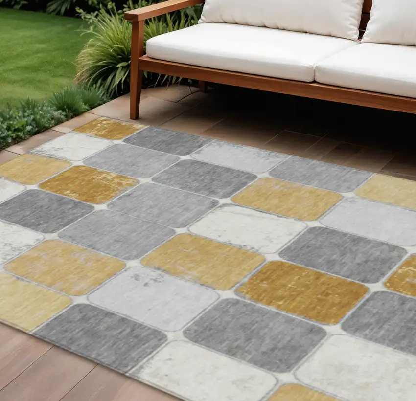 Gold And Gray Geometric Washable Indoor Outdoor Area Rug Photo 2