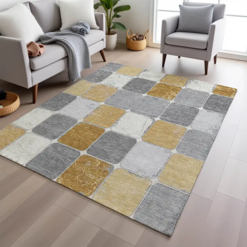 Gold And Gray Geometric Washable Indoor Outdoor Area Rug Photo 7