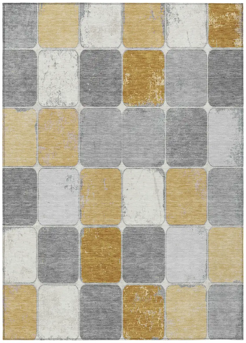 Gold And Gray Geometric Washable Indoor Outdoor Area Rug Photo 1