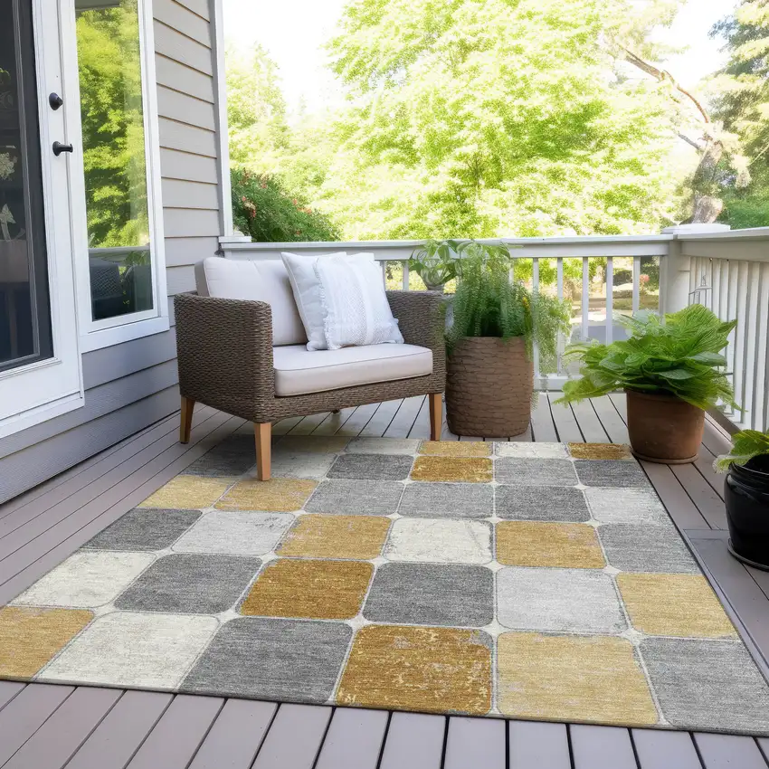 Gold And Gray Geometric Washable Indoor Outdoor Area Rug Photo 9