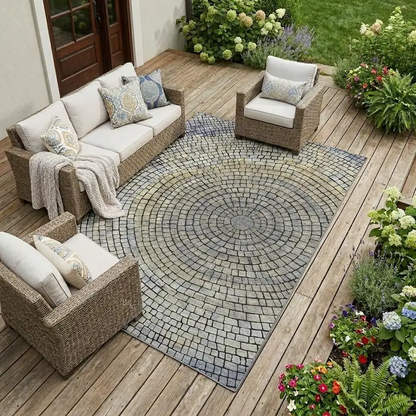 Gold And Gray Geometric Washable Indoor Outdoor Area Rug Photo 1