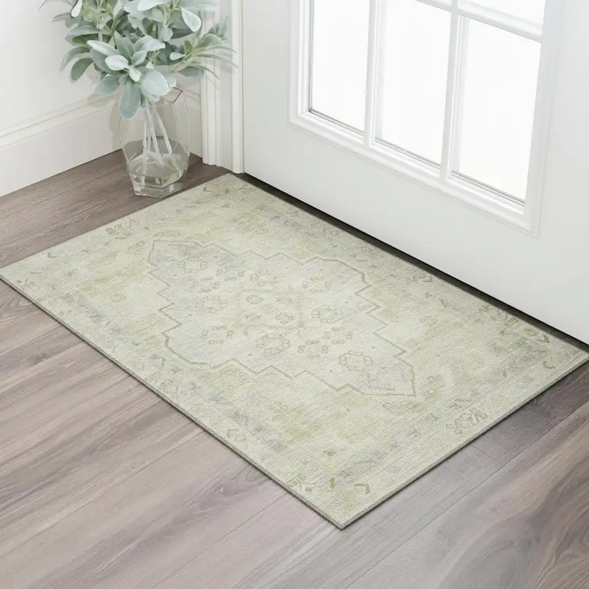 Gold And Gray Medallion Washable Area Rug With UV Protection Photo 2