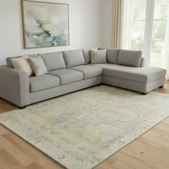 Gold And Gray Medallion Washable Area Rug With UV Protection Photo 2