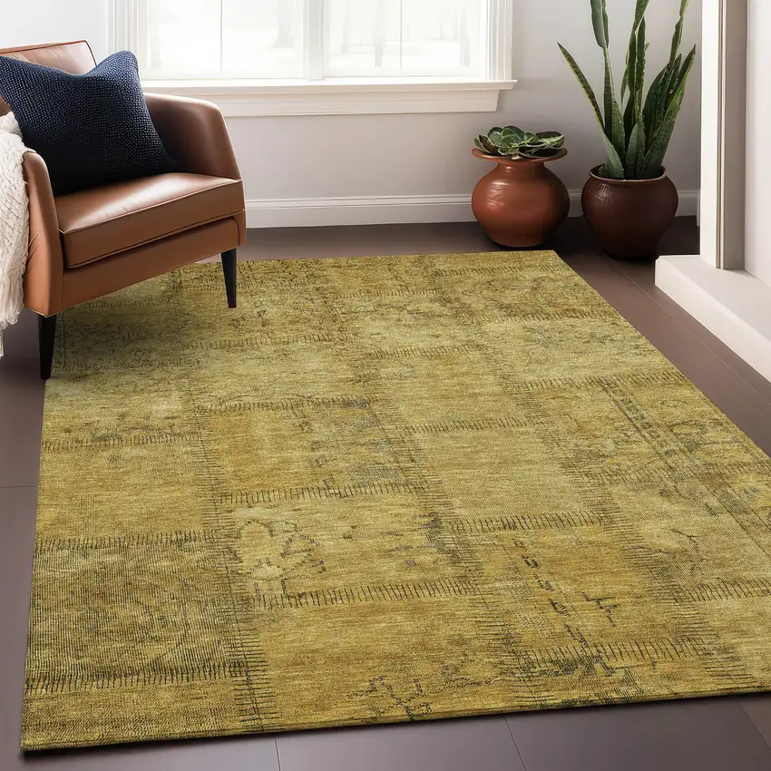 Gold And Gray Patchwork Washable Area Rug With UV Protection Photo 5