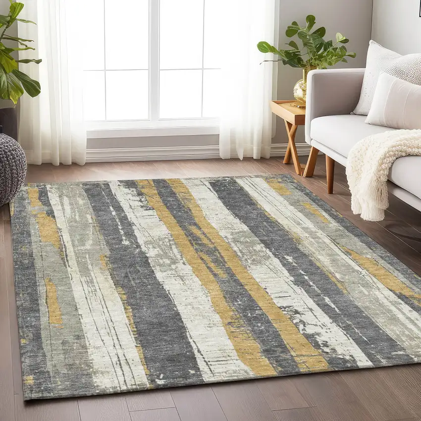Gold And Gray Striped Washable Indoor Outdoor Area Rug Photo 6