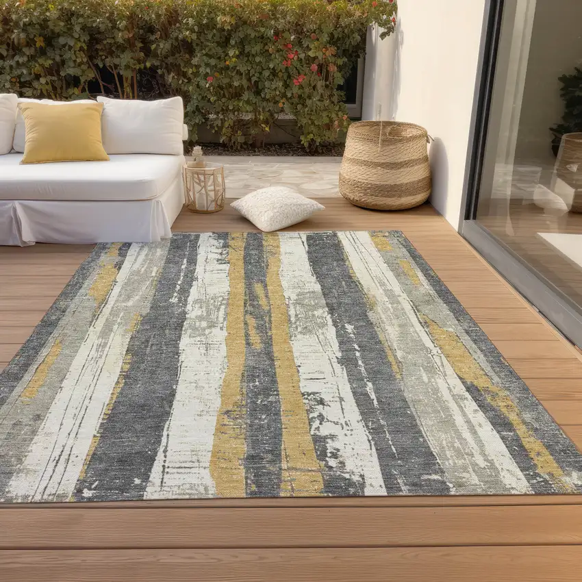 Gold And Gray Striped Washable Indoor Outdoor Area Rug Photo 9